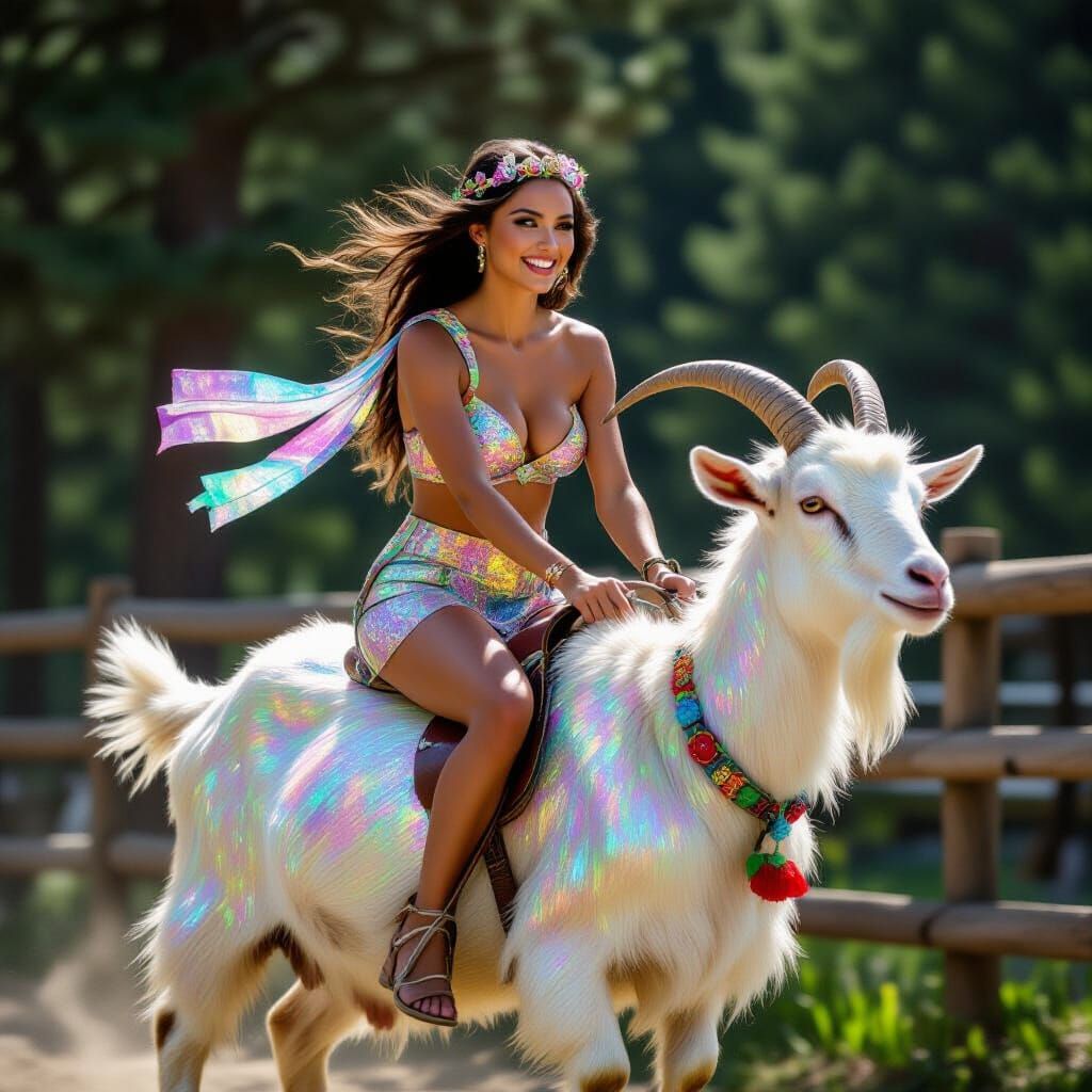 Woman Rides Glittering Goat in Fantasy Scene