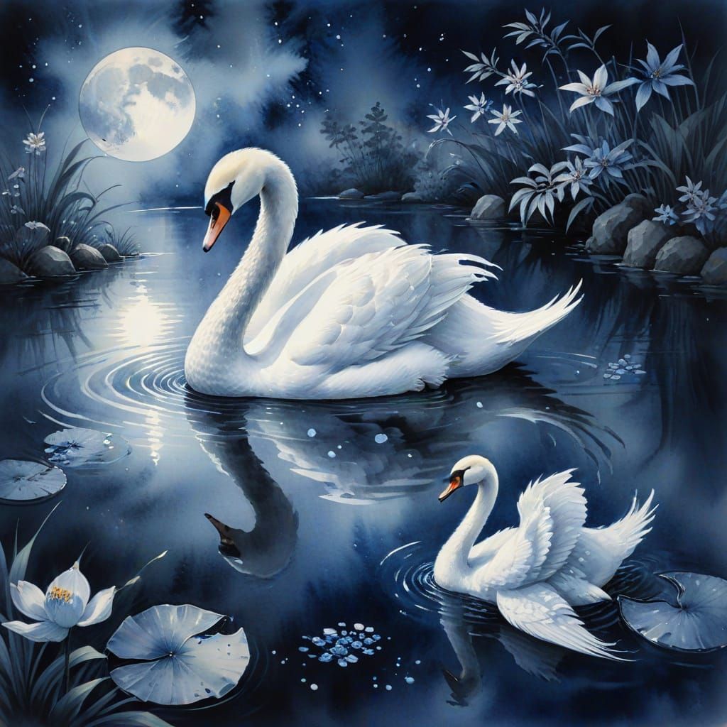 Swan Swimming Under Sapphire Moon in Japanese Ink Wash Style
