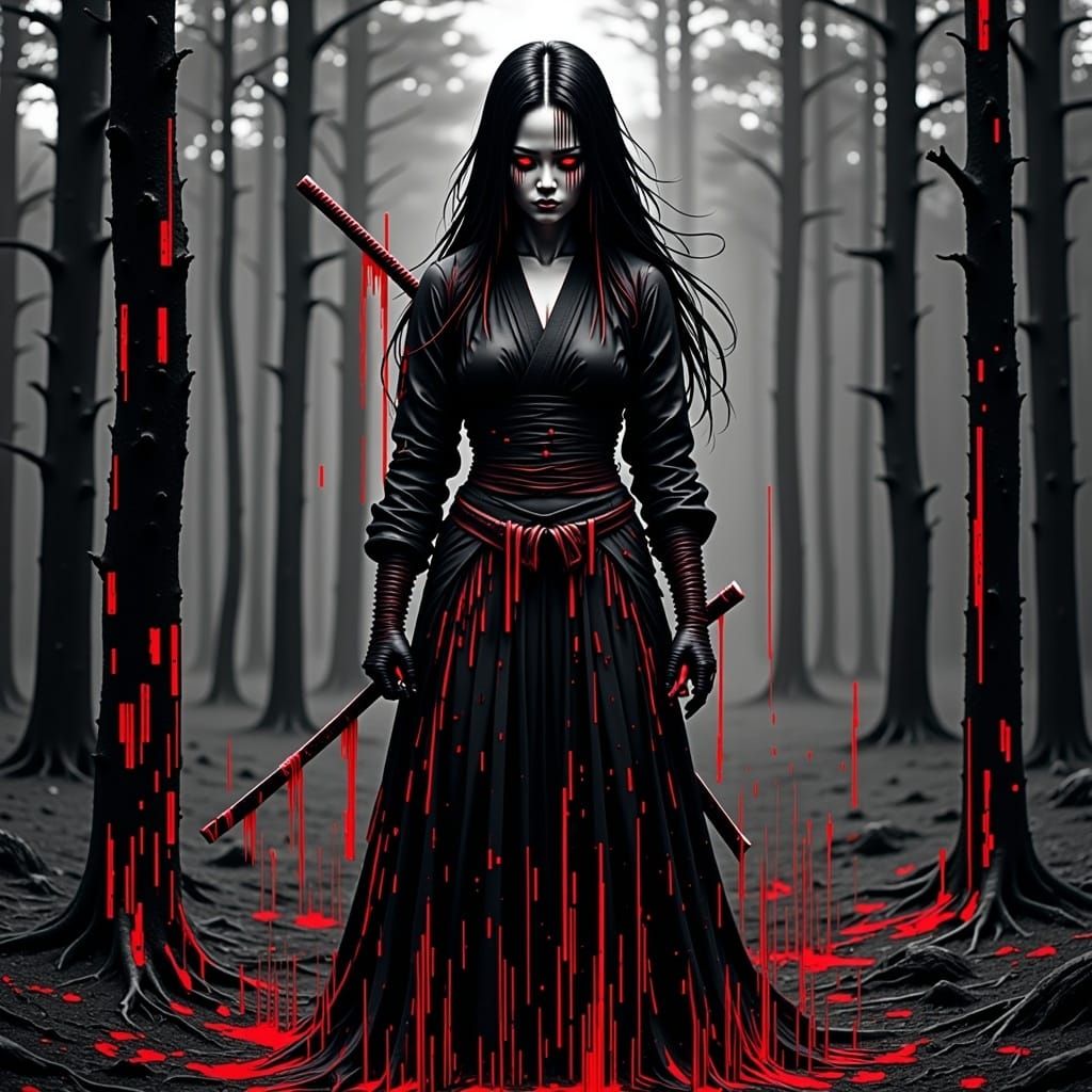 Glitched Samurai in Dark Forest: Glitch Art