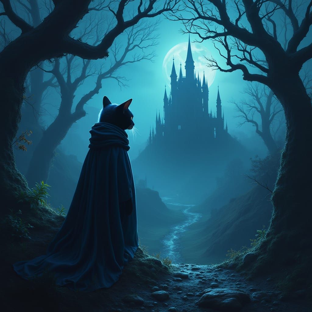 Bioluminescent Cat Over Gothic Landscape, Ethereal Lighting