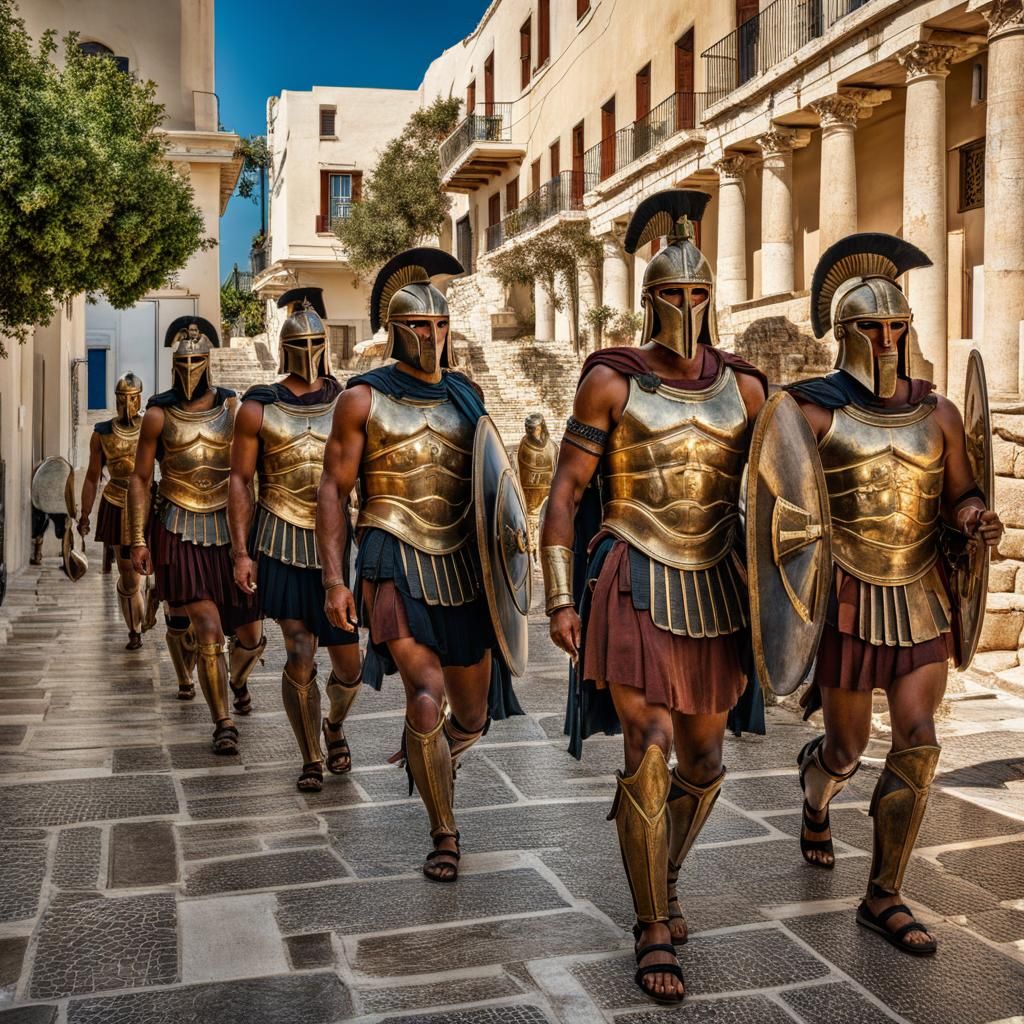 Ancient Greek Town Street with Hoplites and Triremes