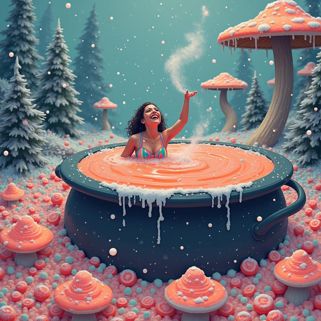 8-Bit Woman Swims in Surreal Mushroom Soup