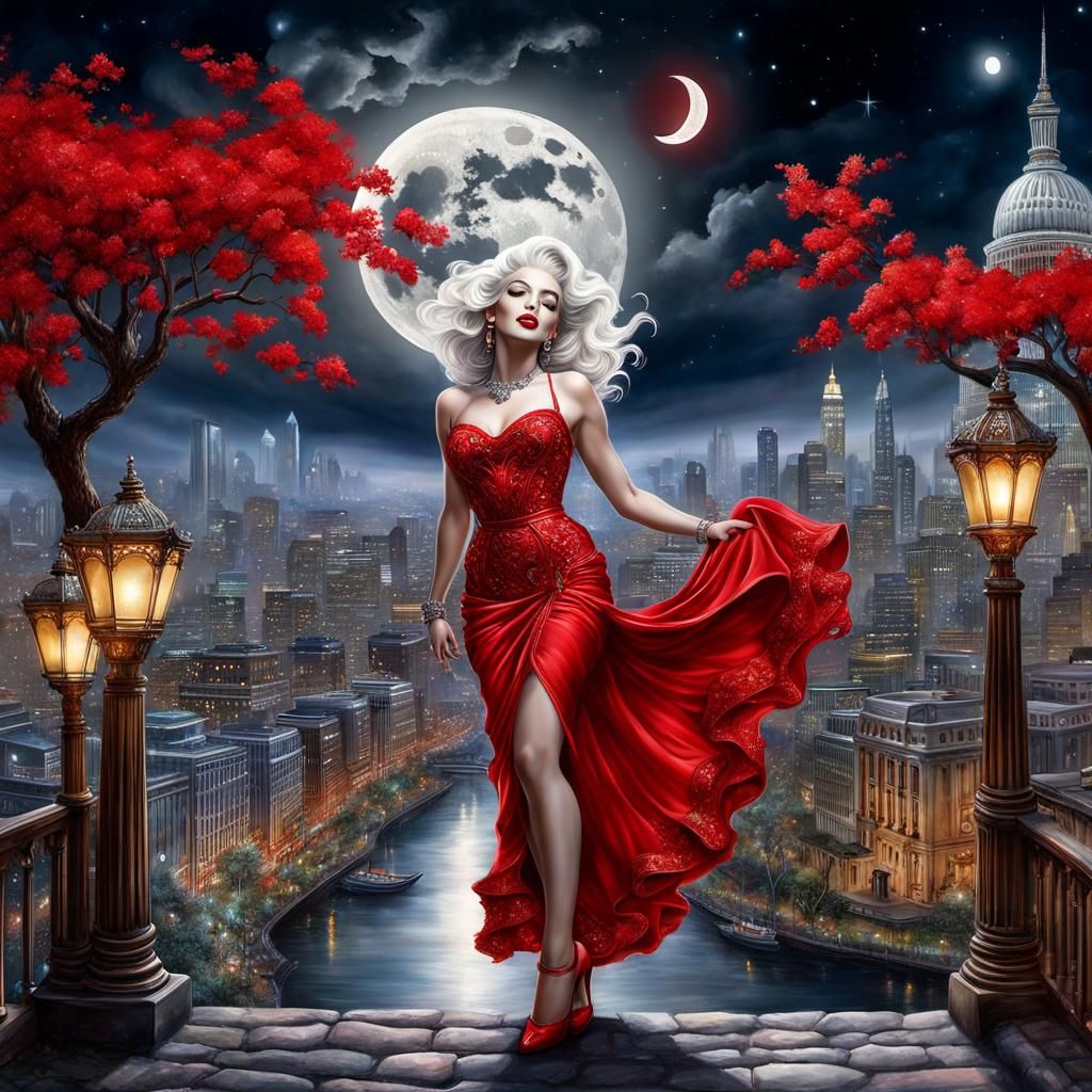 City Moon with Figure in Fantastic Realism Style
