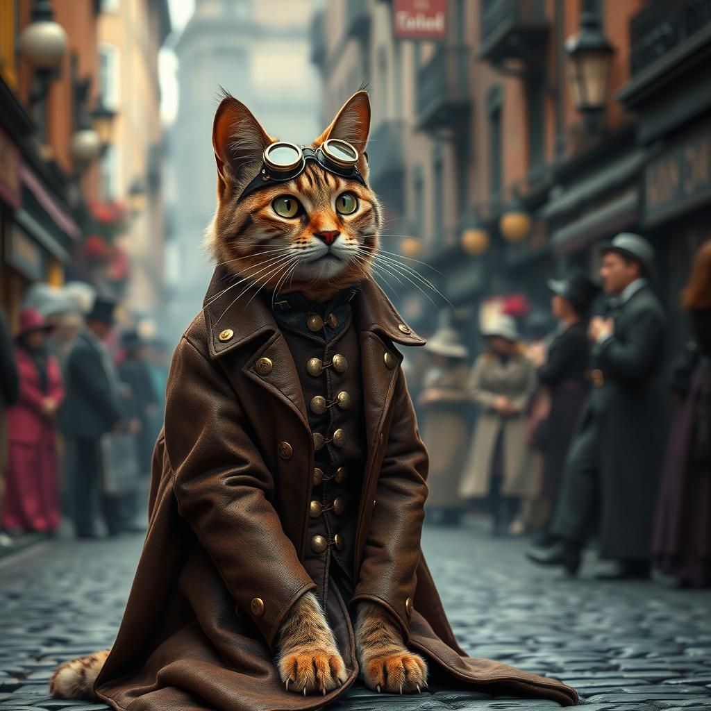Steampunk Cat in Victorian Cityscape