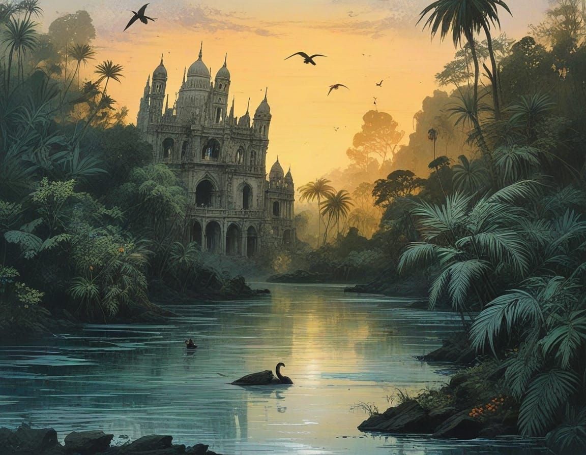 Surrealistic Jungle Cityscape at Sunset with Tropical Birds