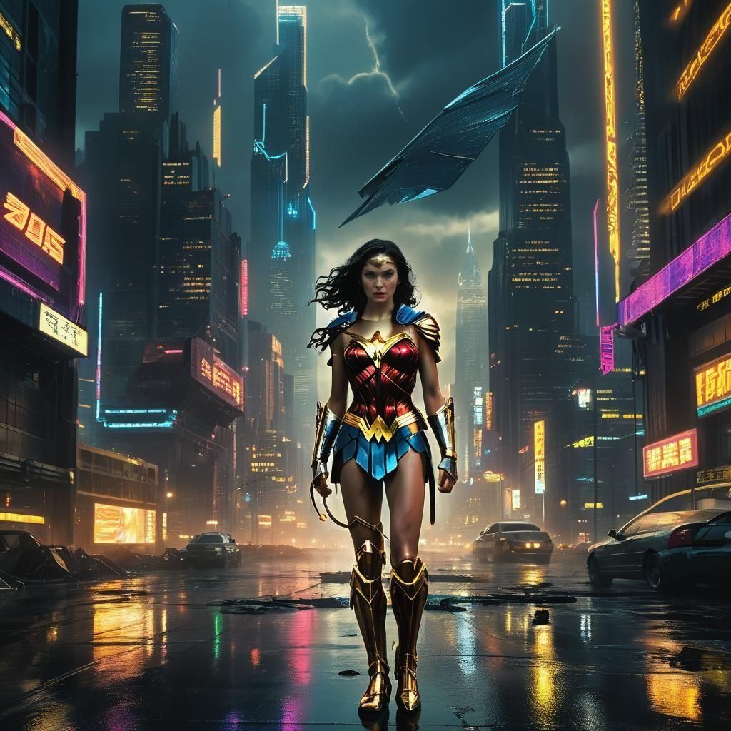 Cyberpunk Wonder Woman Fight: 3D Rendered Cinematic Poster