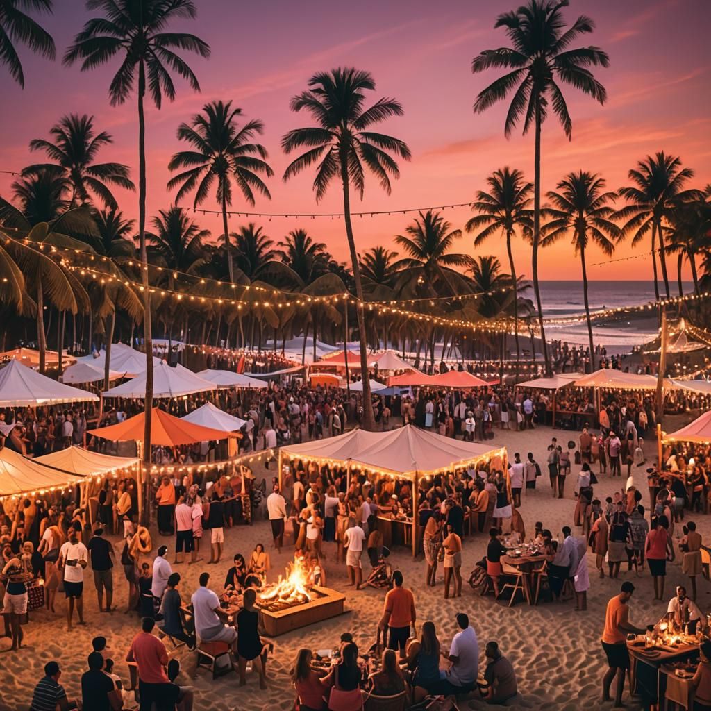 Lively Beach Party at Sunset in Professional Photography Sty...
