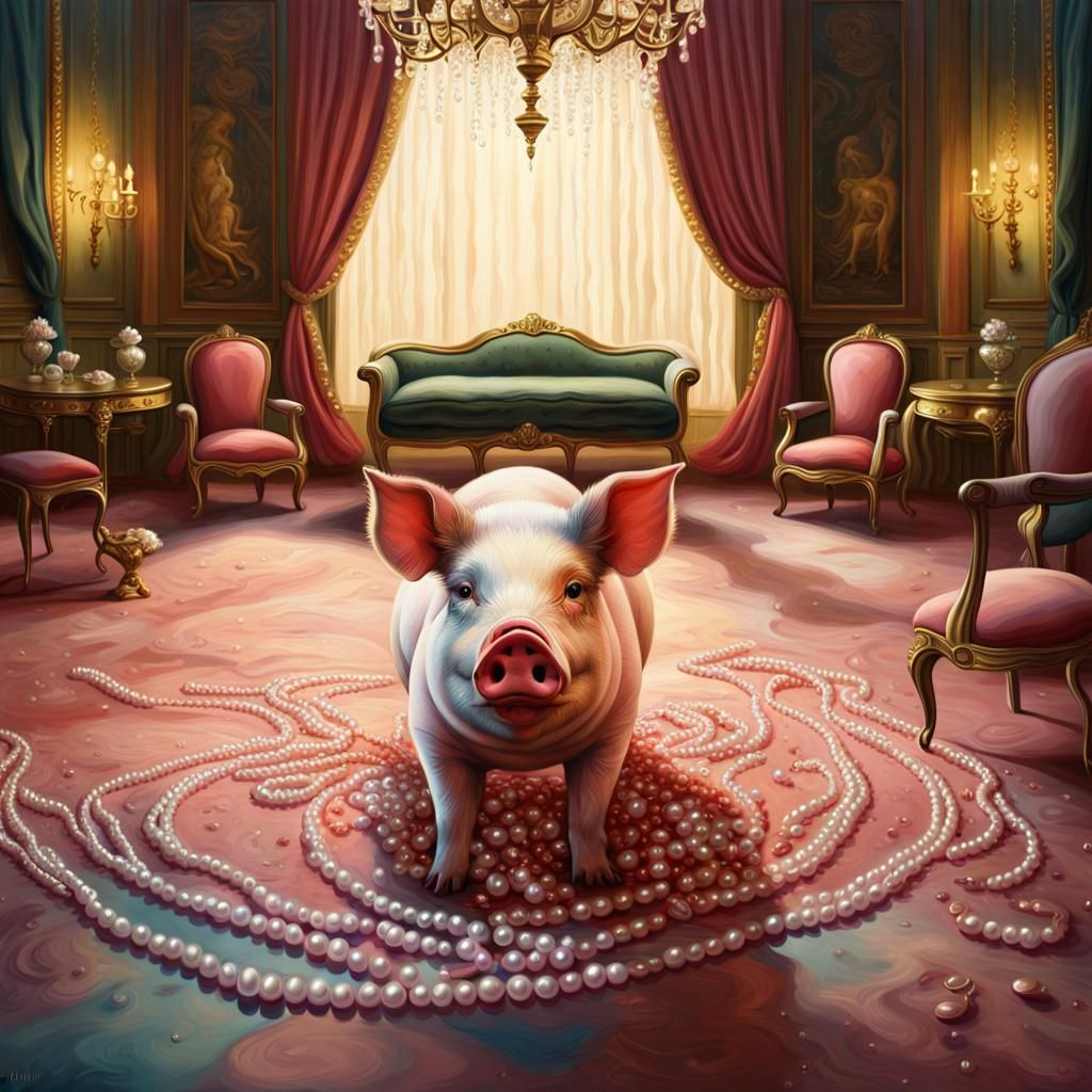Luxurious Pig Surrounded by Pearls in an Ornate Room