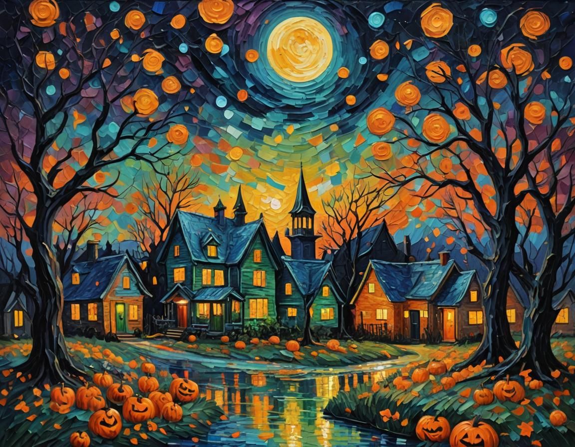 Bioluminescent Halloween Night in Impasto Painting Style