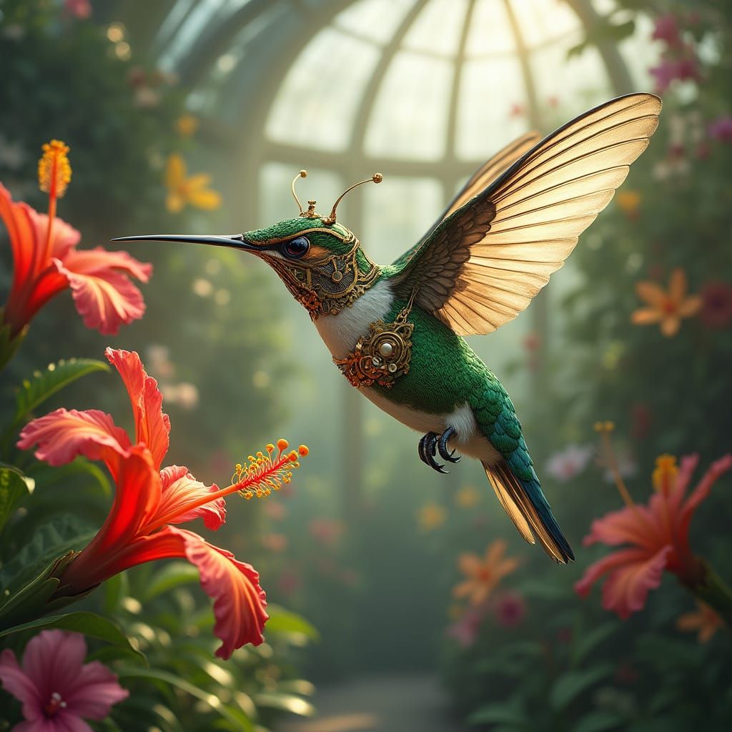 Steampunk Hummingbird in Conservatory, Detailed Art