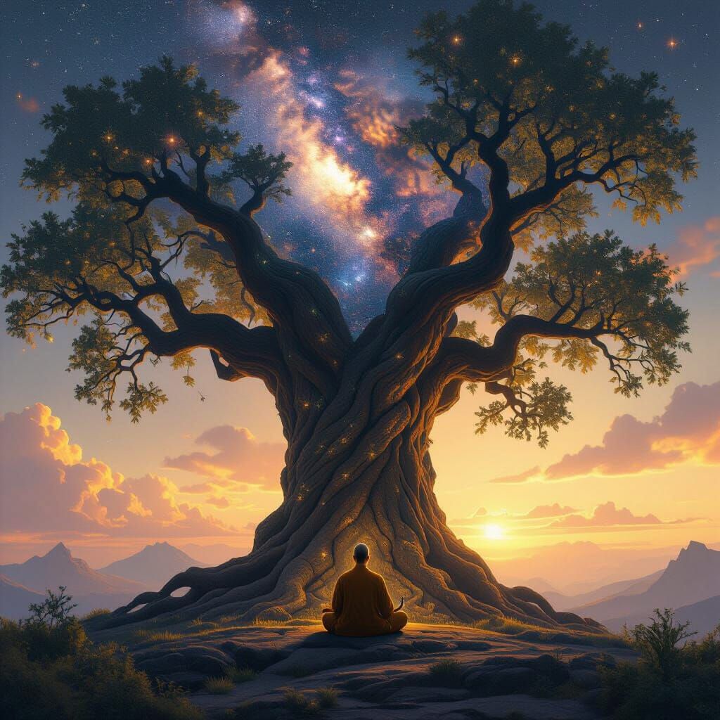 Monk Meditating on Cosmic Tree Under Nebula Glow