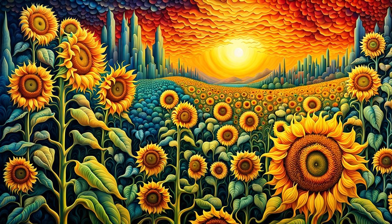 Surreal Sunflower Field with Lemon Sun
