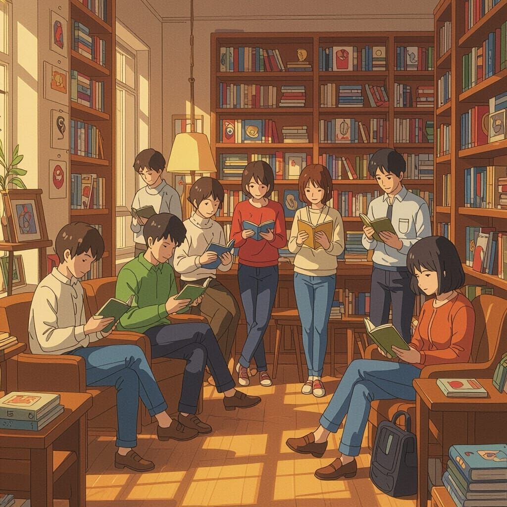 Cozy Library Scene in Anime Style