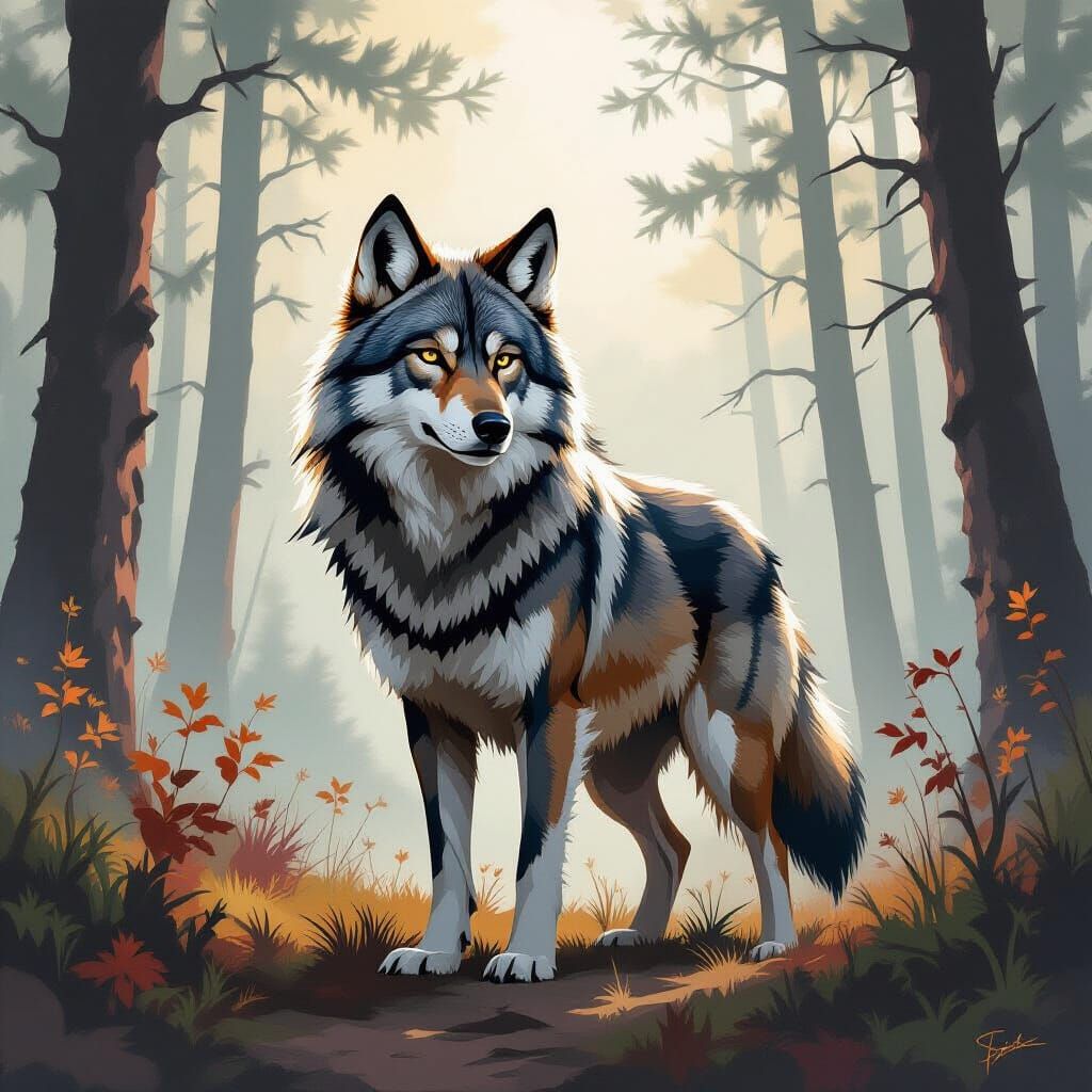 Majestic Wolf in Misty Forest, Digital Art