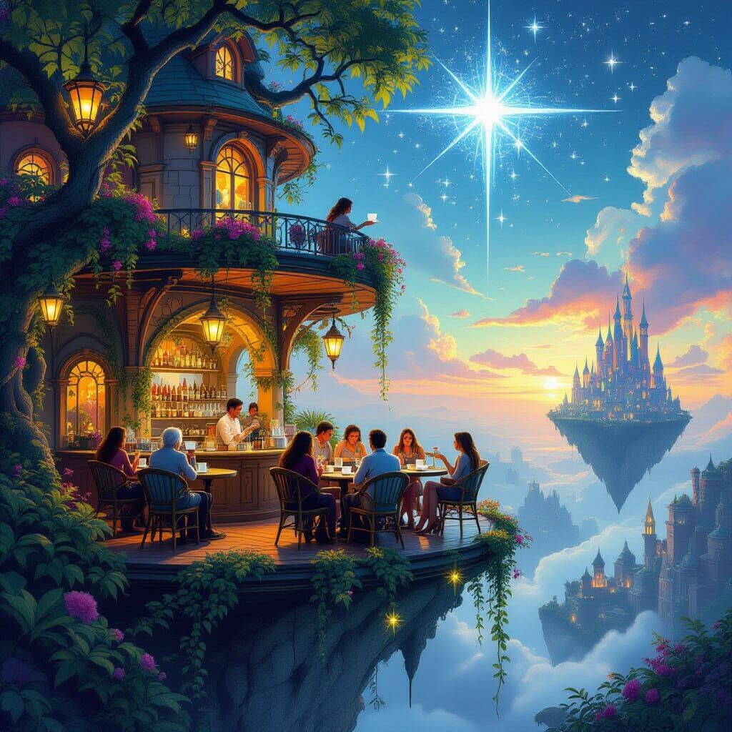 Fantasy Cafe on Floating Island Above Cityscape