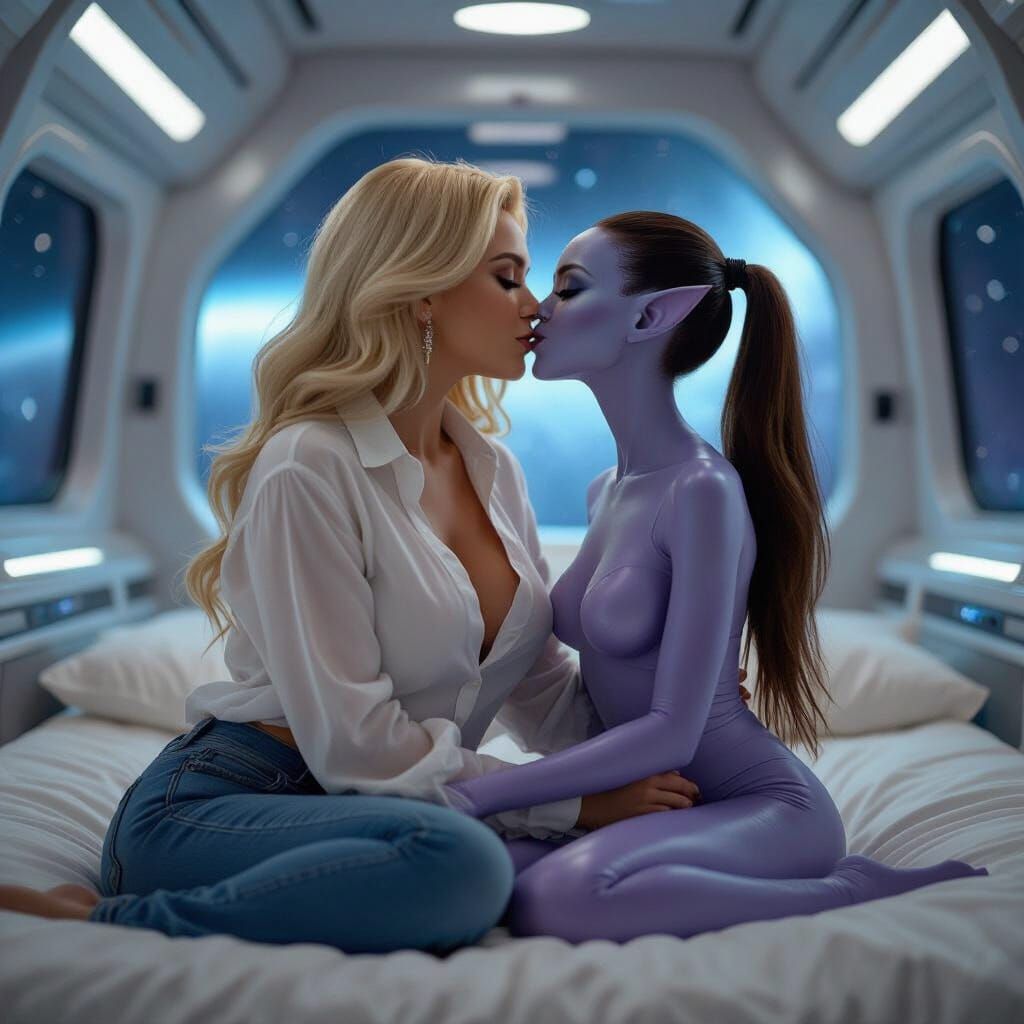 Human and Alien Kiss in Spaceship Room