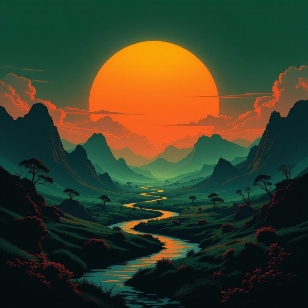 Mysterious Neon Landscape in Green and Orange