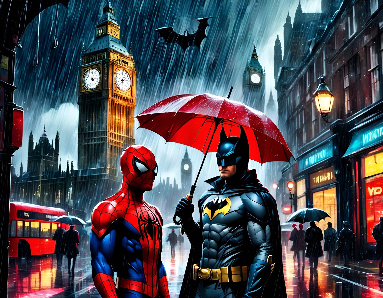 Spiderman and good friend Batman on vacation in London, heavy rain falling