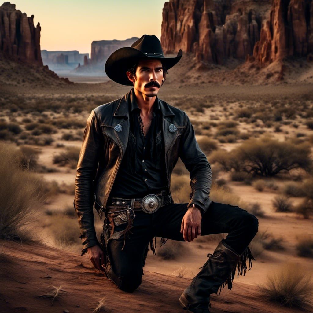 Dark Cowboy in Desert, Impasto Style