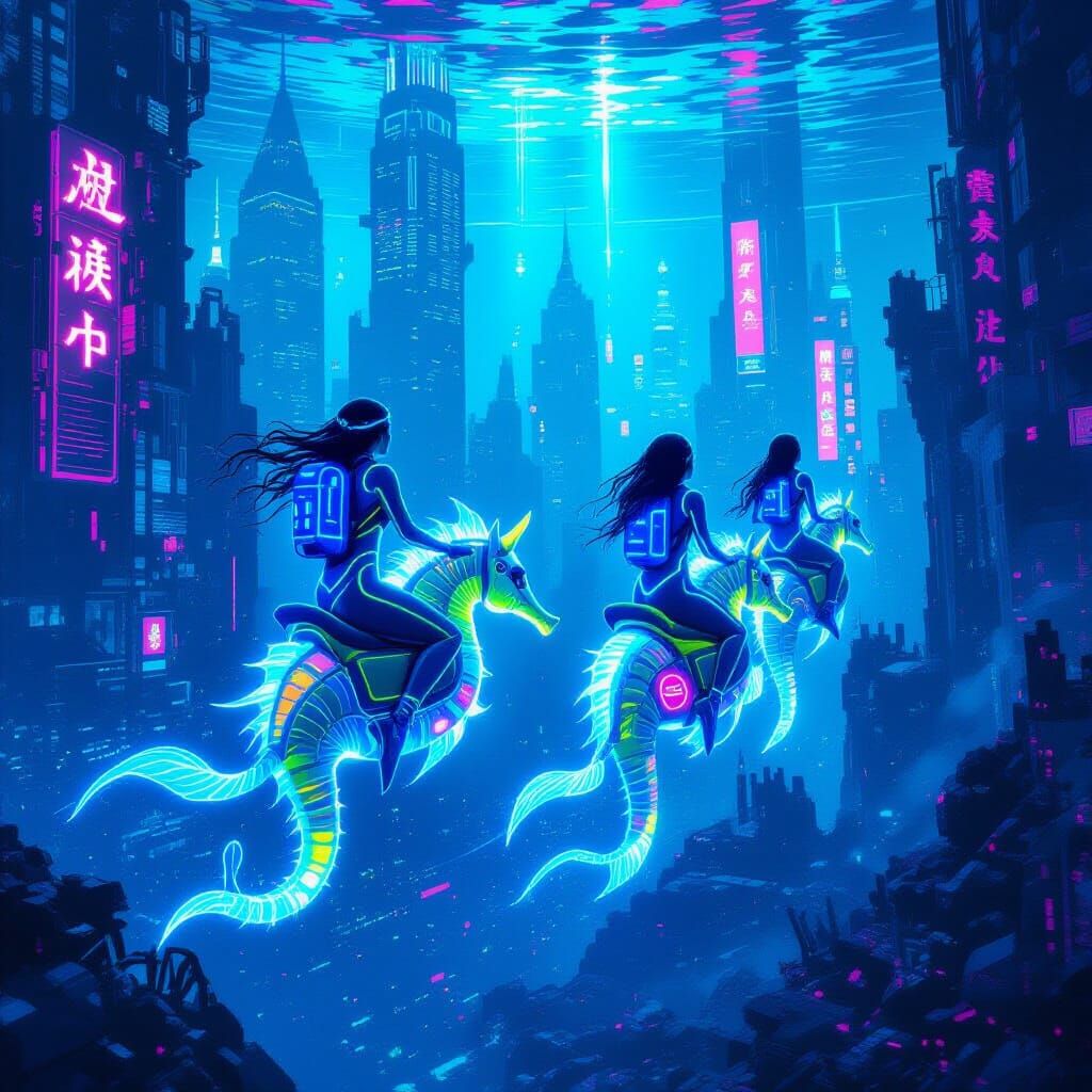 Cyberpunk Mermaids Race Bioluminescent Seahorses