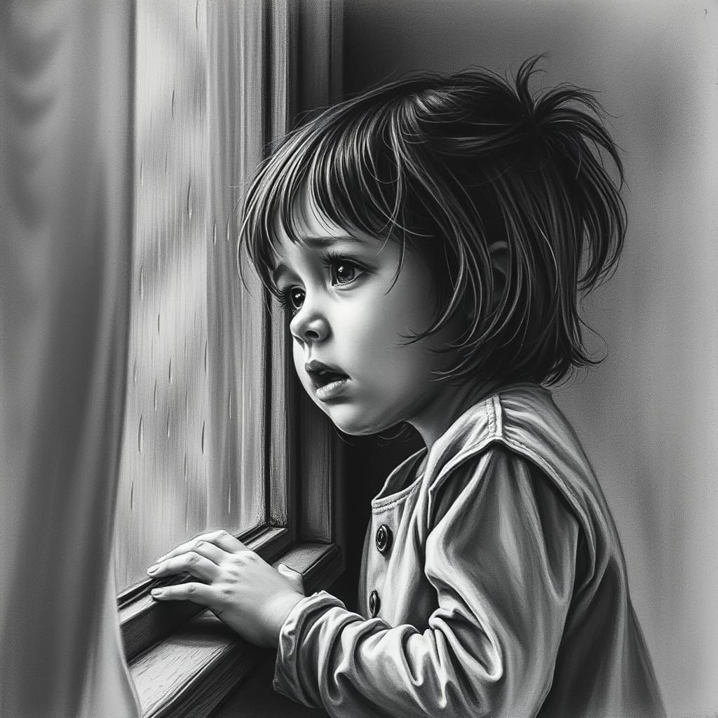 Girl Contemplates Rainy Day in a Hyperdetailed Charcoal Draw...