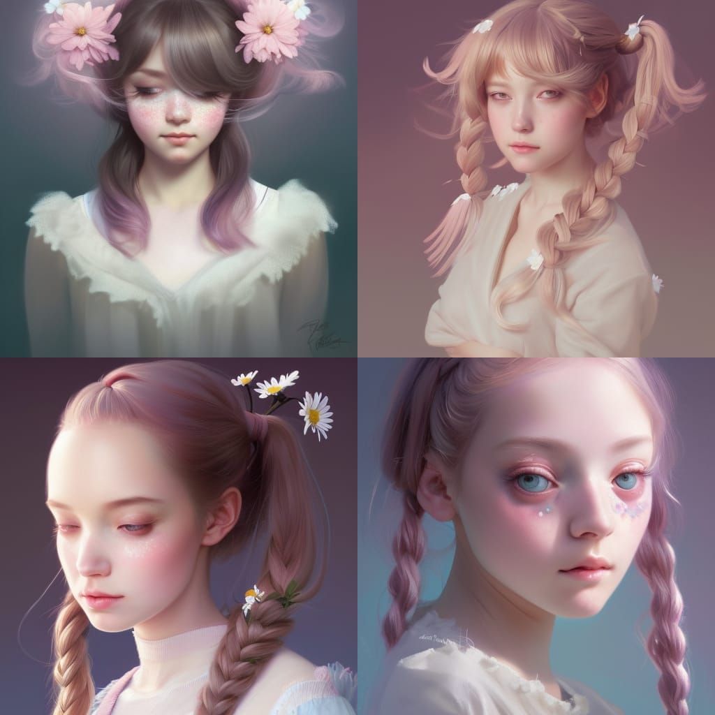 Kawaii E-girl Portrait with Daisies in Pastel Hues