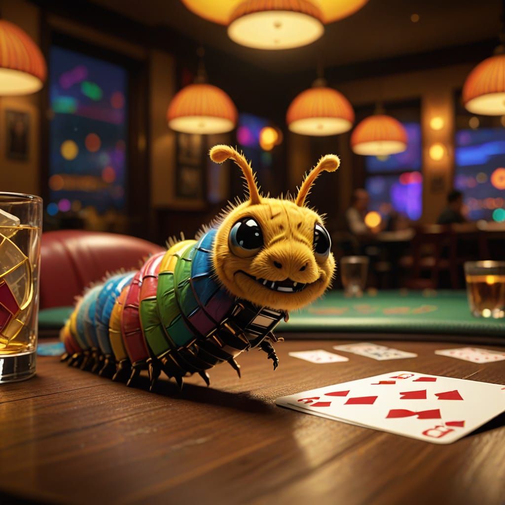 Caterpillar Parkour on Playing Cards: Vibrant Digital Art