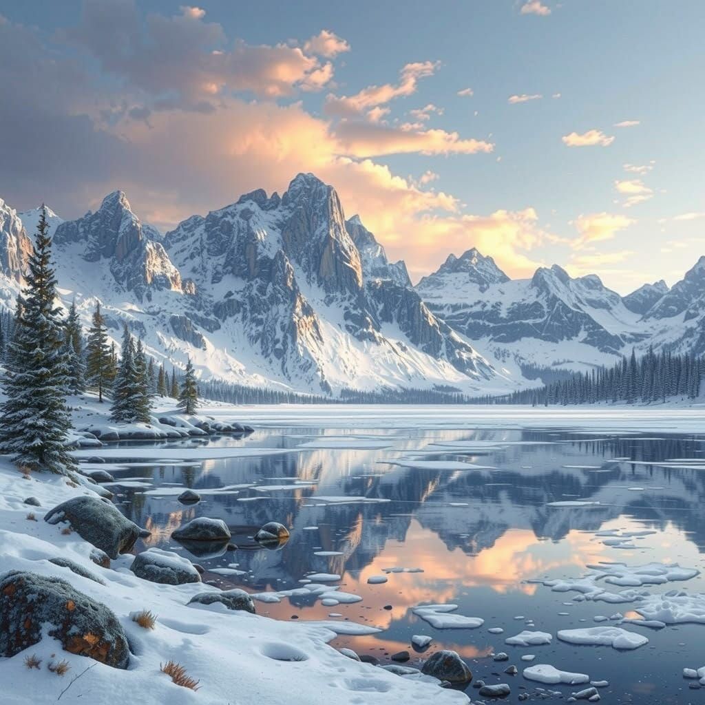 A breathtaking arctic landscape featuring snow-covered mount...