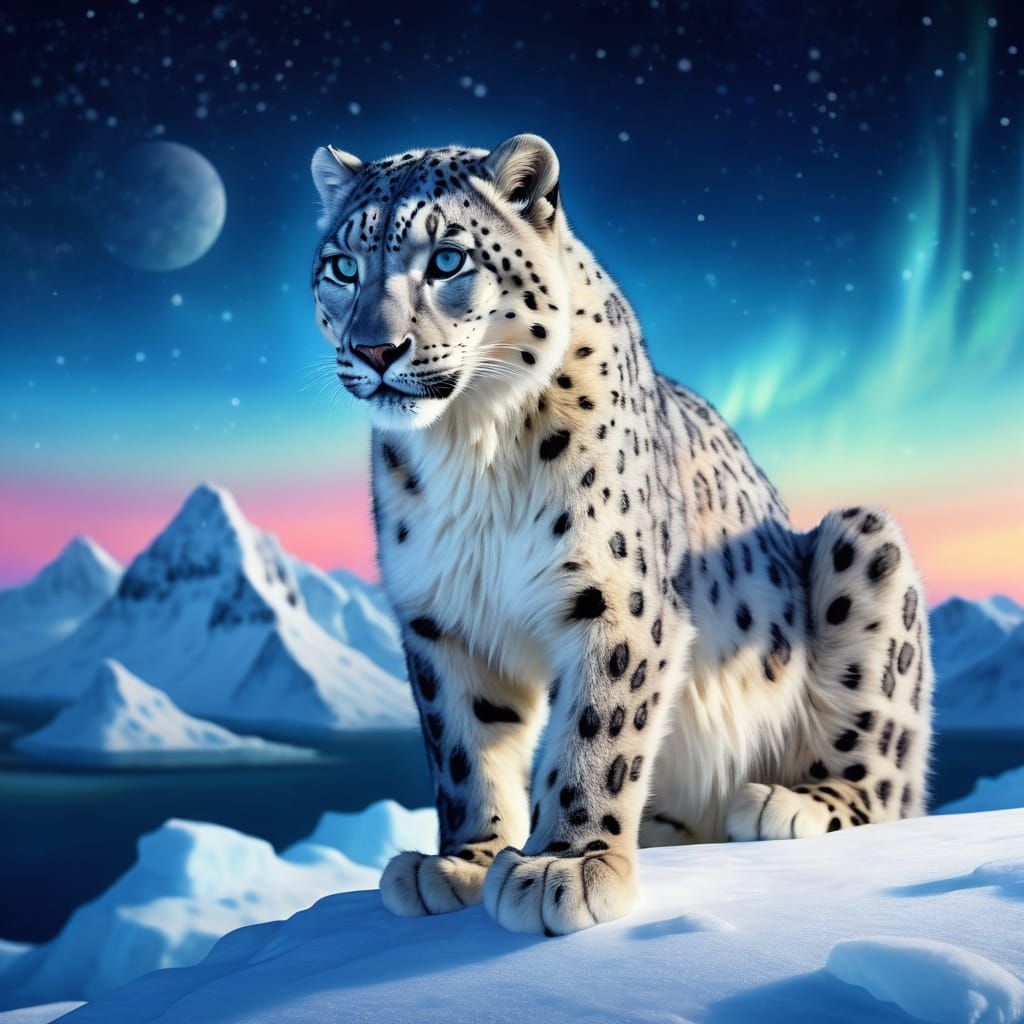 Majestic Snow Leopard With Aurora Fur on Arctic Peak