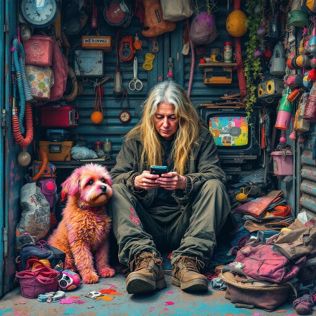 Homeless Woman in Storage Locker, as Gouache and Watercolor