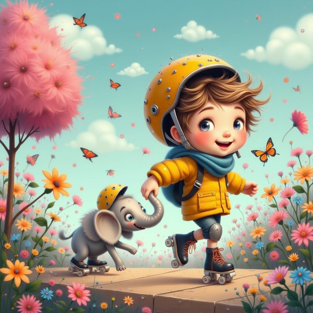 Whimsical Boy and Elephant Roller Skating in a Vibrant, Sun-...