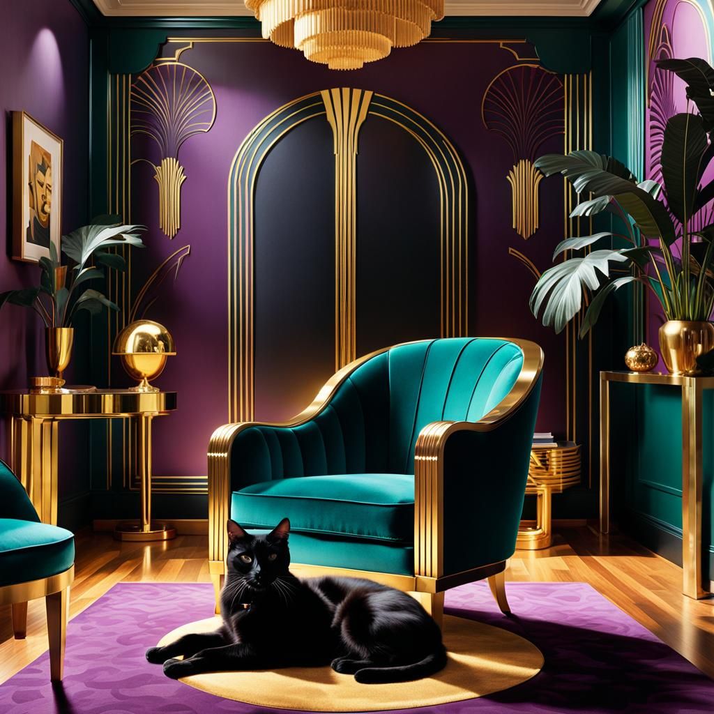 Opulent Art Deco Living Room with Black Cat