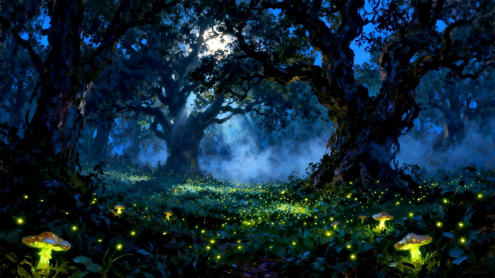 Enchanted Forest Floor at Twilight, Glowing Fireflies and Fu...