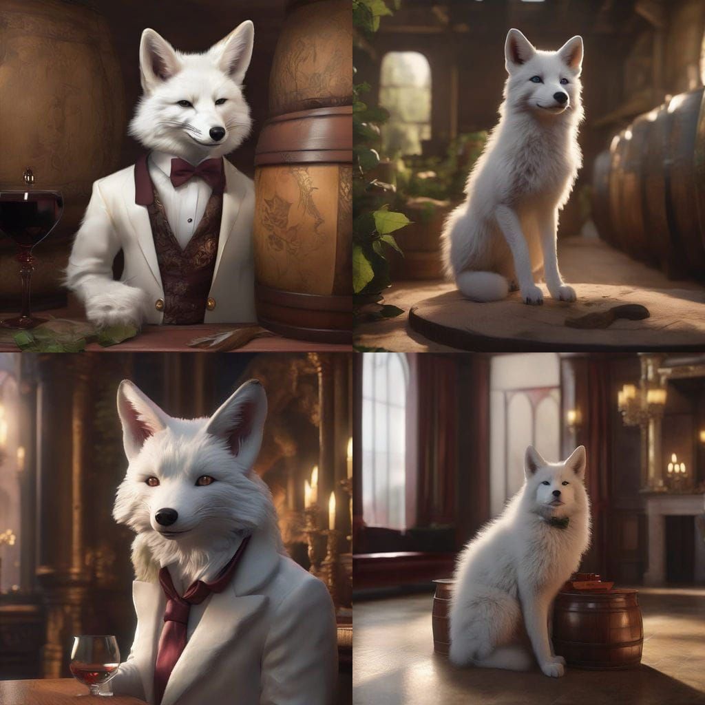 Elegant Fox in Tuxedo Sips Red Wine in a Winery