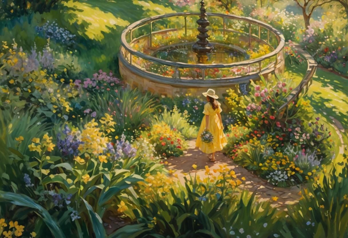 Woman in Garden: Impressionist Oil Painting in Triadic Color...