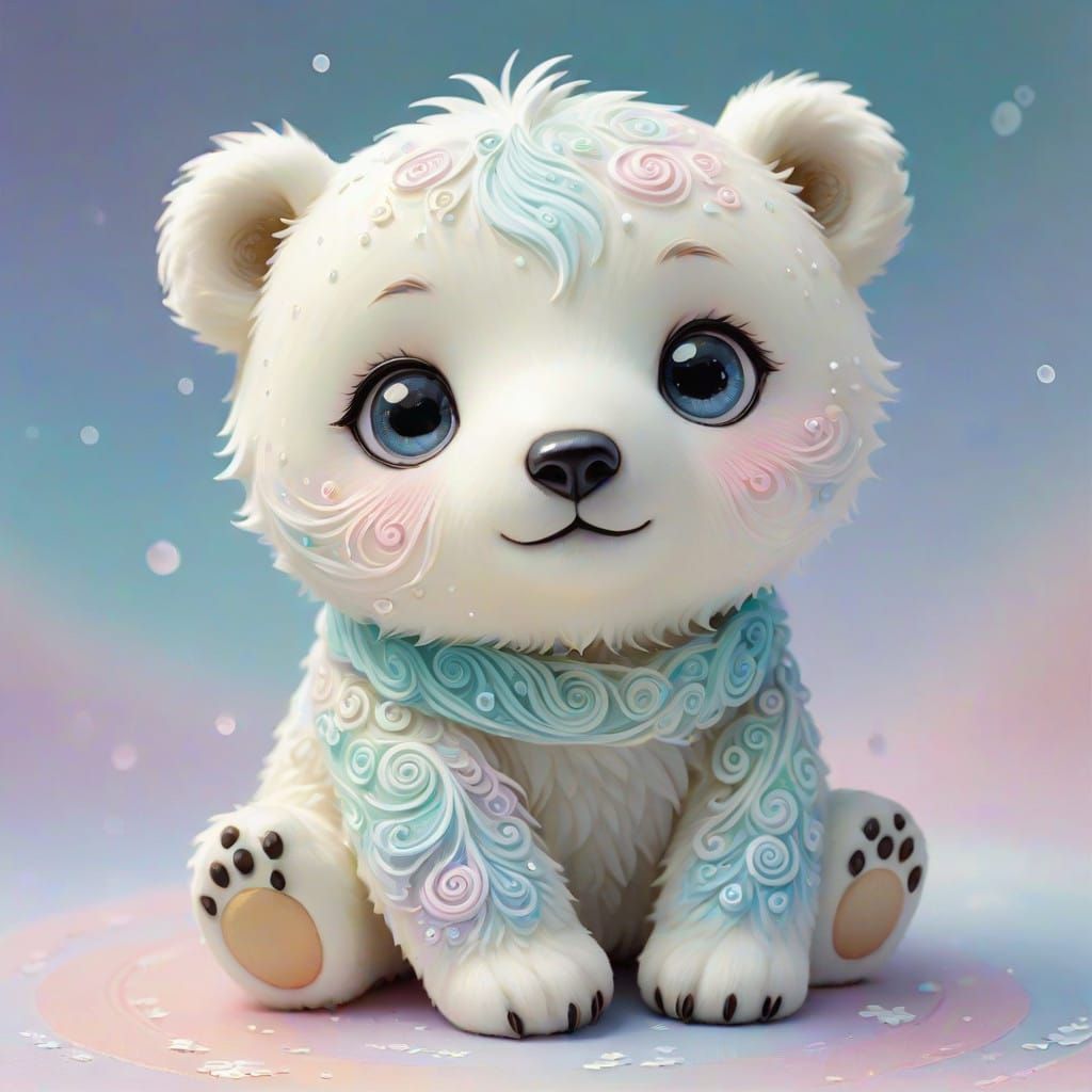 Cute Chibi Polar Bear Cub in Whimsical Pastel Wonderland