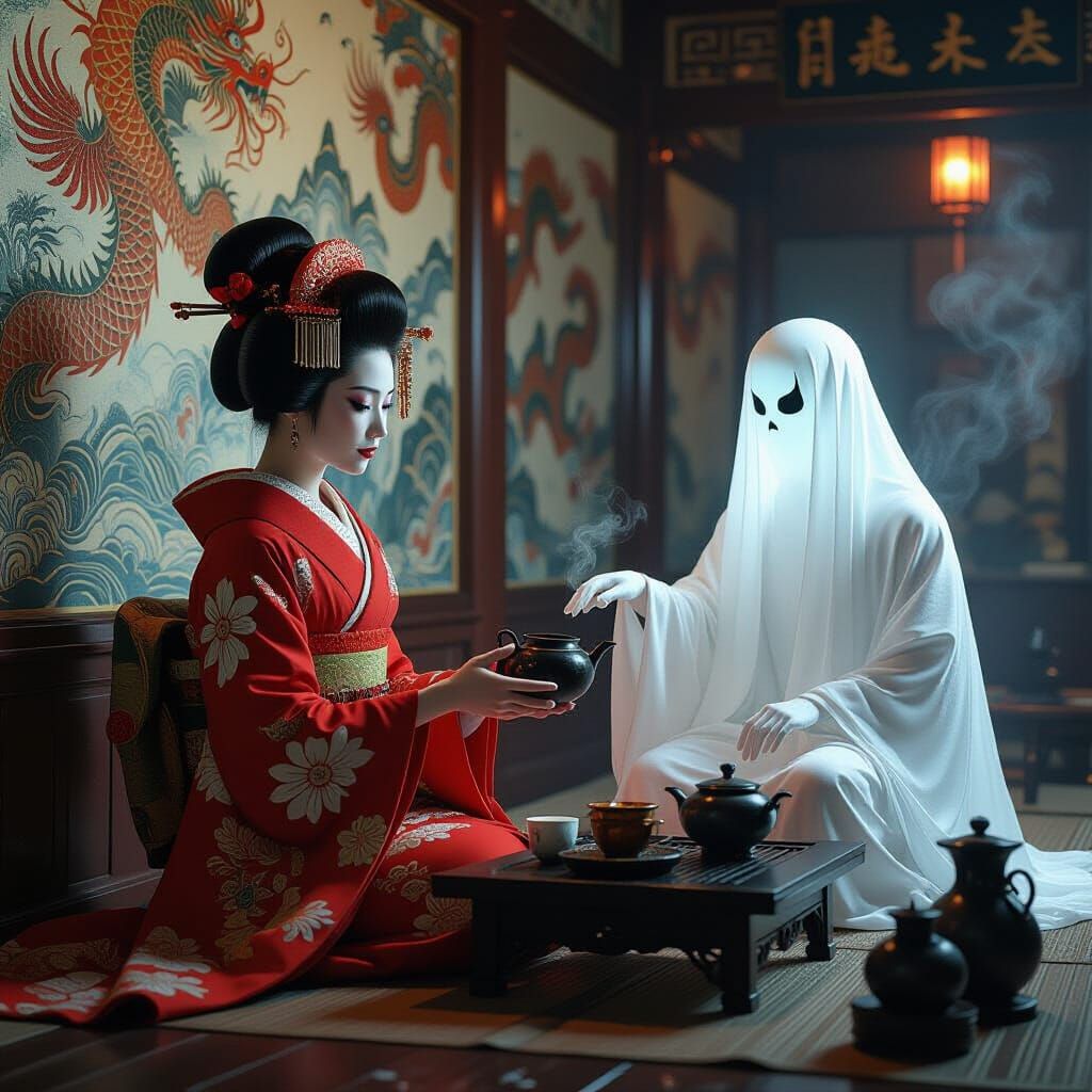 Spectral Geisha in Teahouse: Hyperrealistic Concept Art