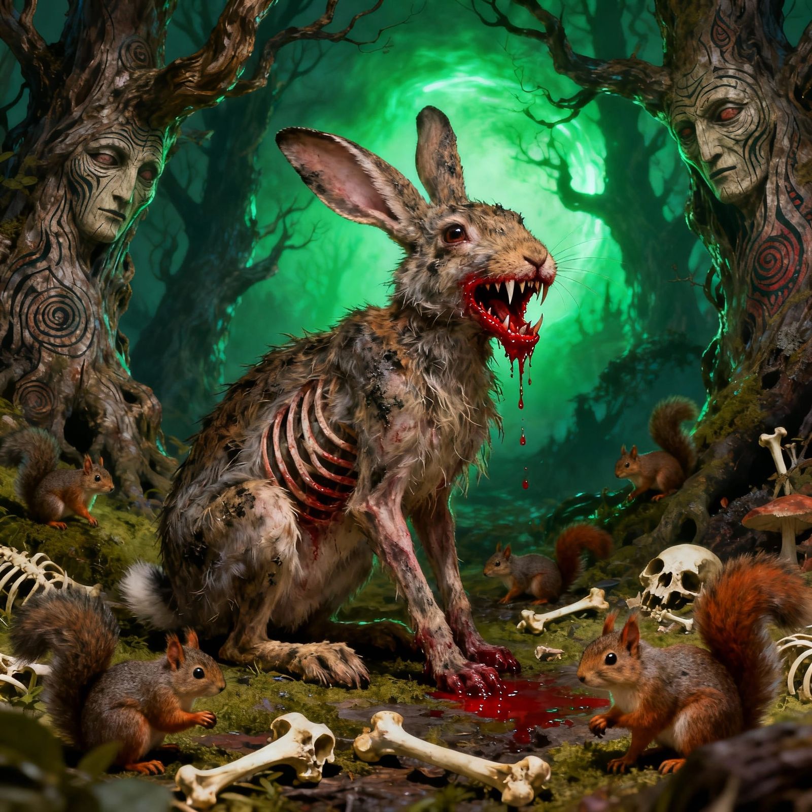 Gaunt Rabbit With Sharp Teeth in Macabre Forest