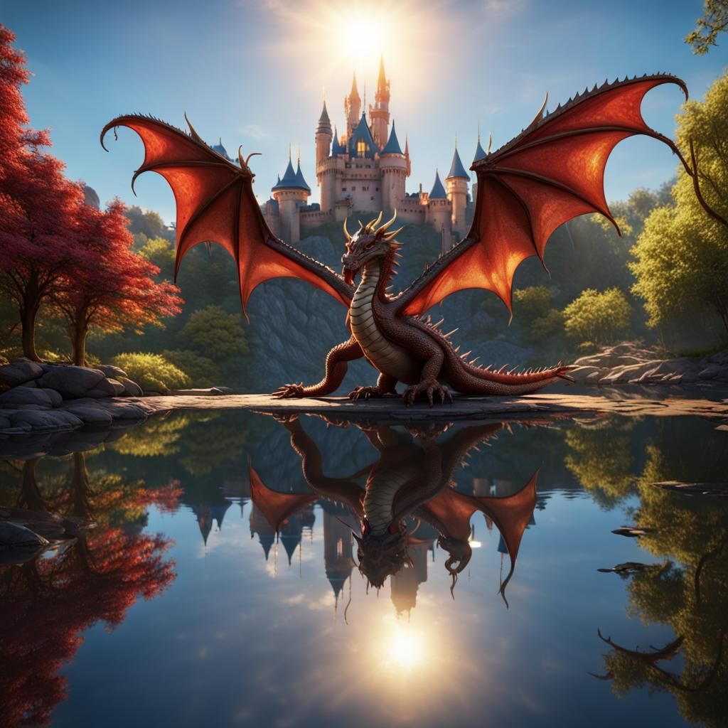 Dragon Reflecting at Fairytale Castle, Hyperdetailed Art