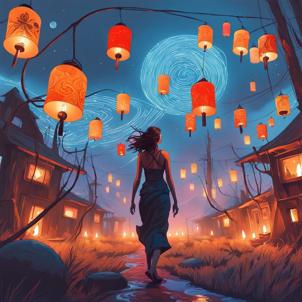 Surreal Woman Lost in Dreamlike Nighttime Atmosphere