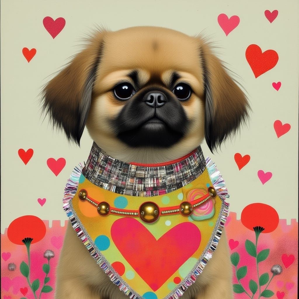 Cute Pekingese Dog with Ruffled Bib and Bells