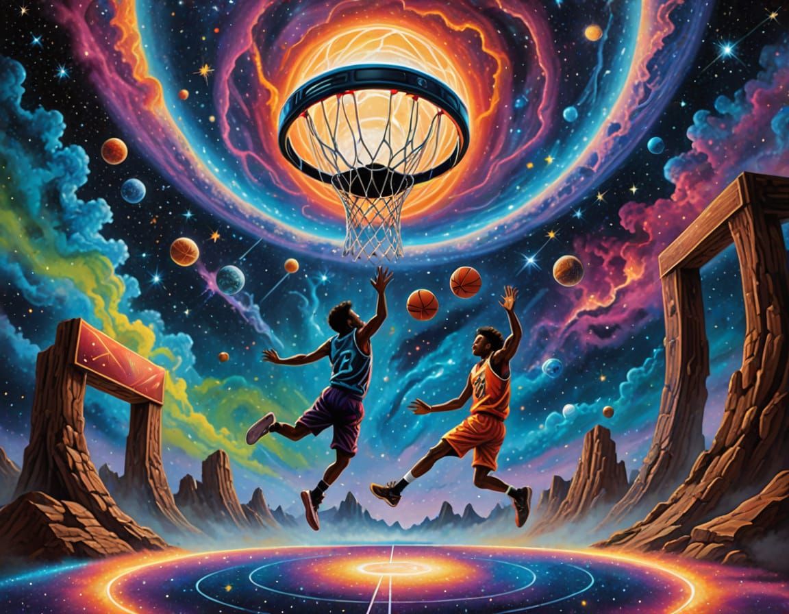 Cosmic Basketball Court in Nebula, Surreal Art