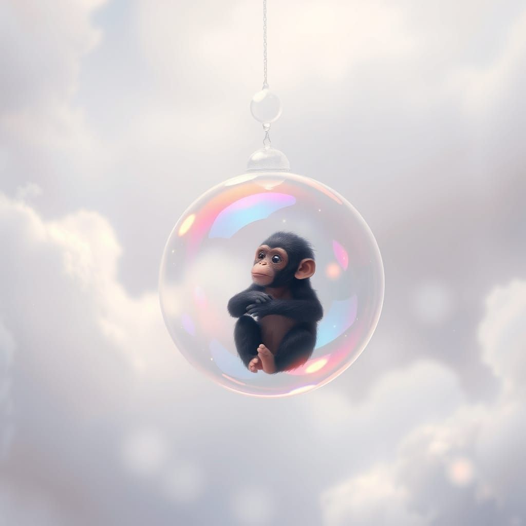 Chimpanzee in Floating Bubble, Dreamy Anime Style