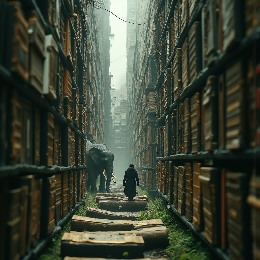 Fine Art Photo: Man and Elephant Between Books