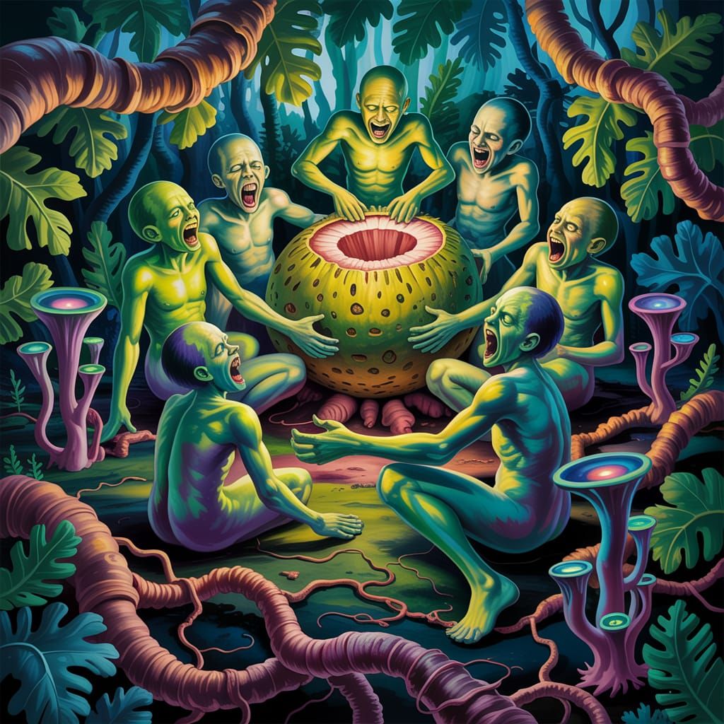 Surreal Painting of Devolved Humans and Giant Breadfruit