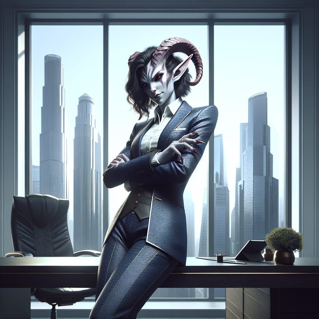 Elegant Tiefling Woman in Business Suit, Hyper-Realistic