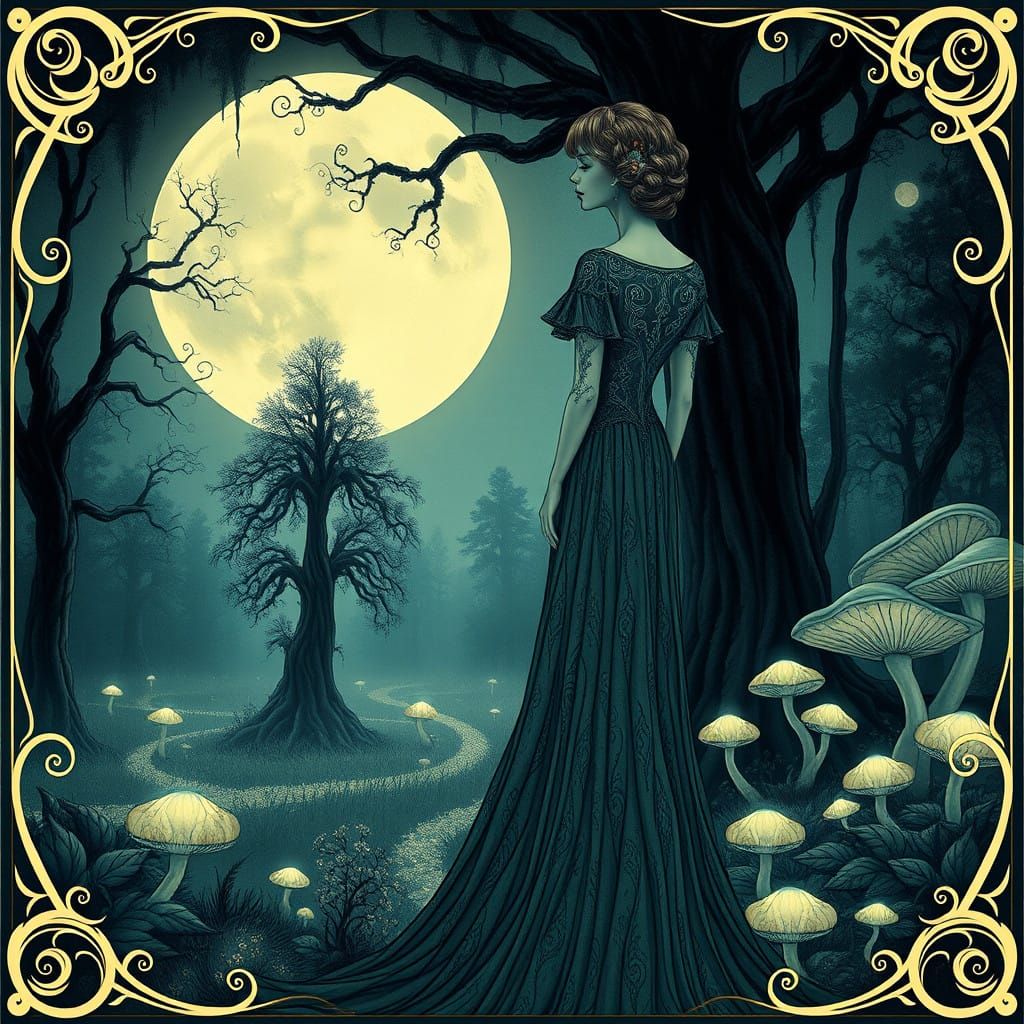 Ethereal Moonlit Goddess in a Whimsical Art Nouveau Garden