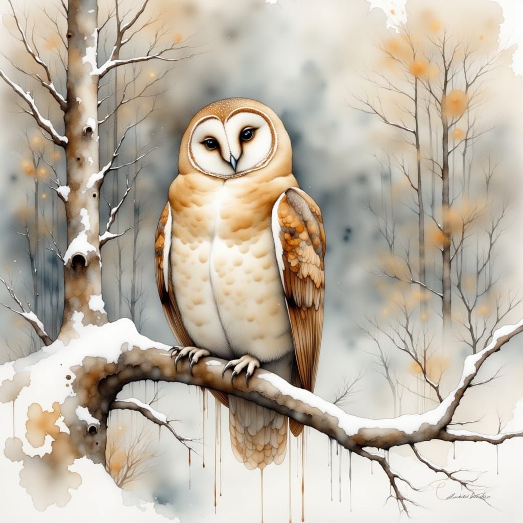 Barn Owl on Snowy Branch in Watercolor Style