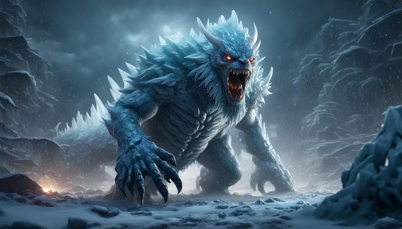 Hyper Realistic Angry Ice monster at ice dragon fighting on ...