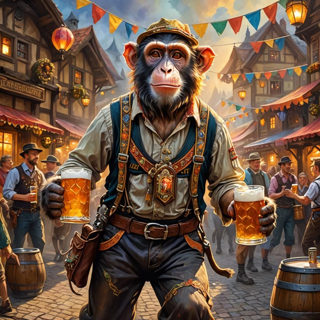 Monkey Celebrates Oktoberfest in Romantic Oil Painting